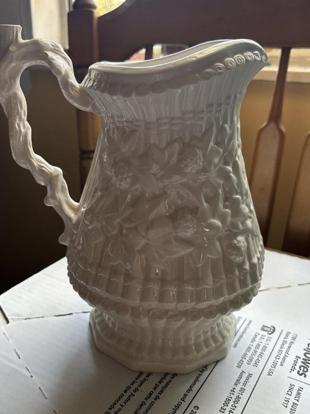 White Milk Glass Pitcher with Floral & Berry Design
